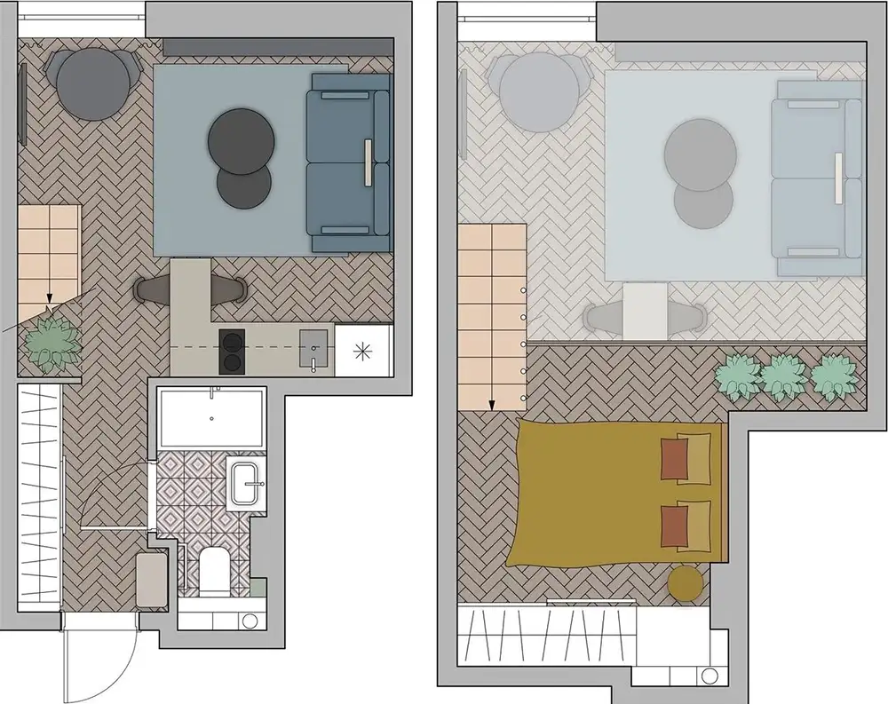 Retró rádió ihlette enteriőr, hálószoba a galérián