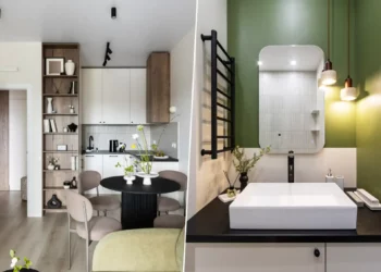 A természet közelsége a belső terekben: olívazöld, fűzöld, törtfehér és fa felületek