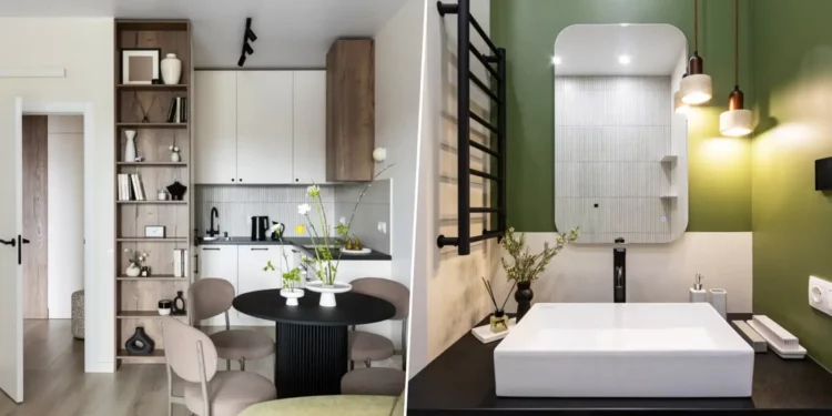 A természet közelsége a belső terekben: olívazöld, fűzöld, törtfehér és fa felületek