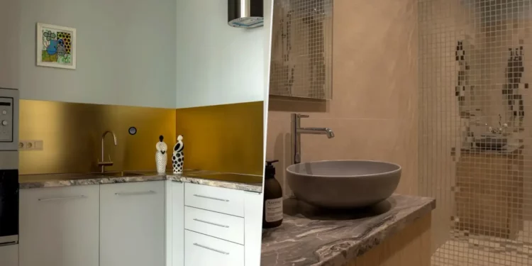 Sárgaréz konyha hátfal és tükörmozaik hölgy 40 m2-es lakásában