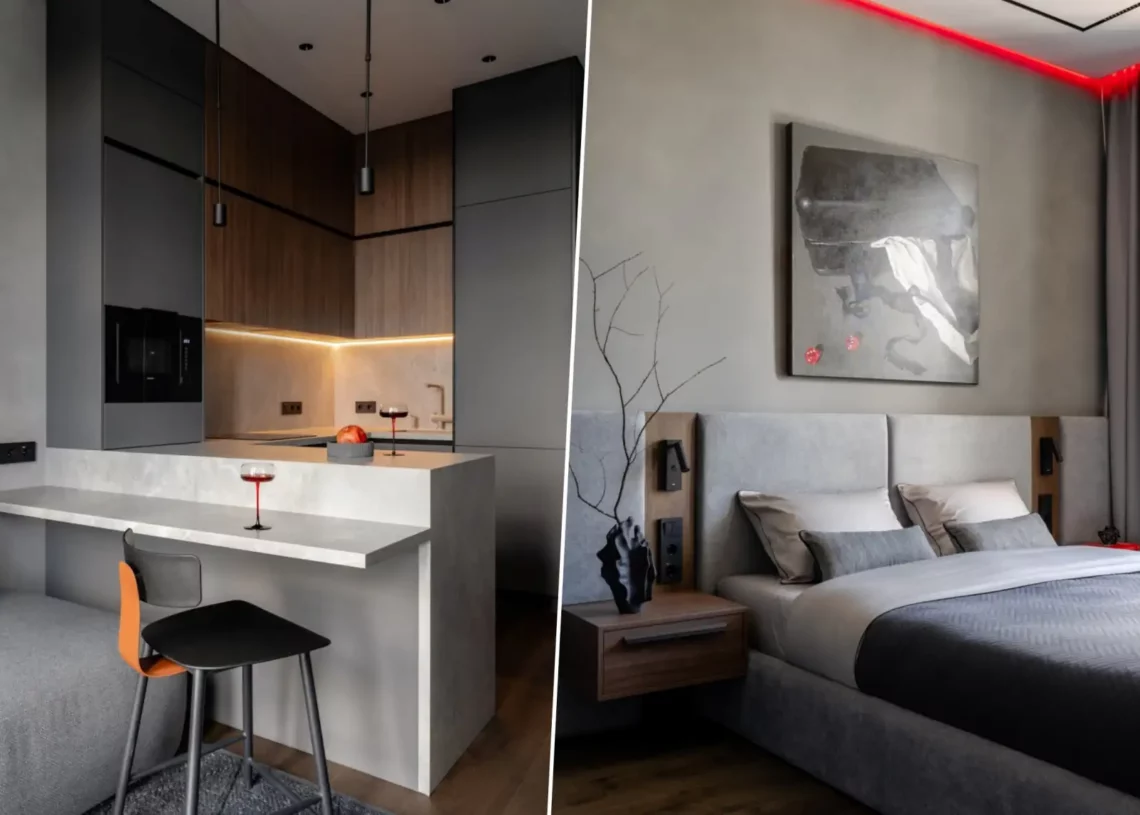 Legénylakás elegáns szürke-fa palettával, lamellás térelválasztó 30 m2-en