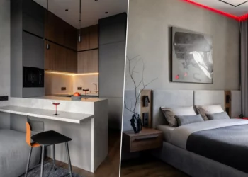Legénylakás elegáns szürke-fa palettával, lamellás térelválasztó 30 m2-en