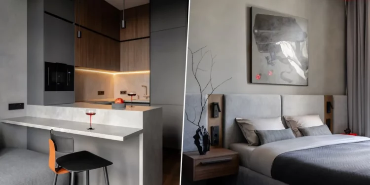 Legénylakás elegáns szürke-fa palettával, lamellás térelválasztó 30 m2-en