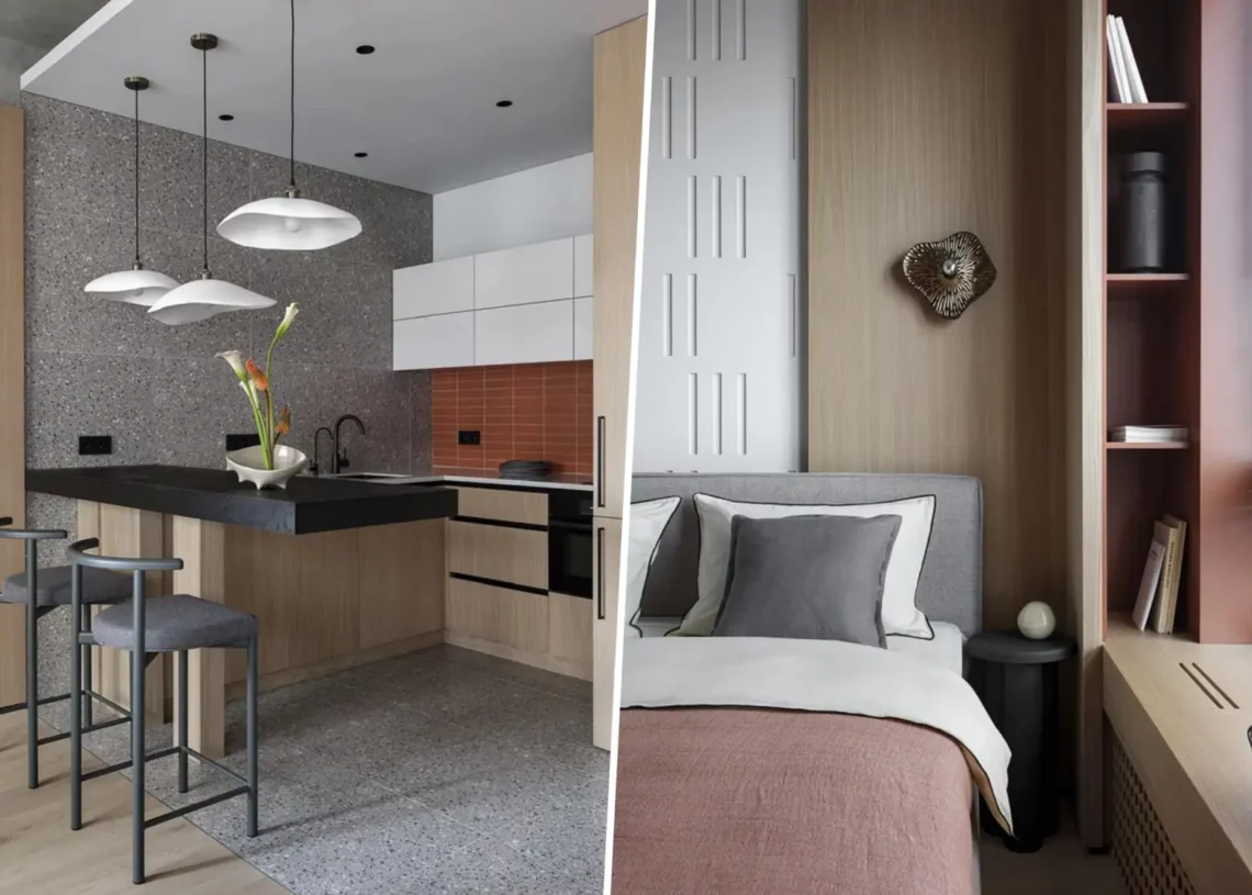 Mikrocement, fa és terrakotta árnyalatok egy modern, 35 m2-es lakásban