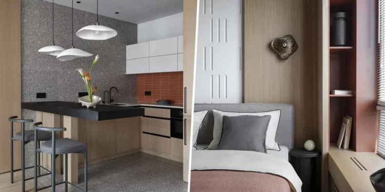 Mikrocement, fa és terrakotta árnyalatok egy modern, 35 m2-es lakásban