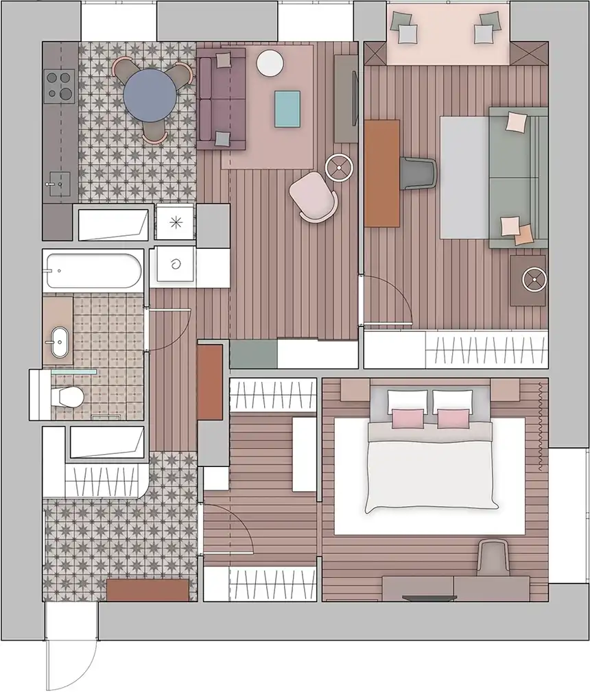 Századközepi modern részletek, zöld hangsúlyok és kortárs művészet 76 m²-en