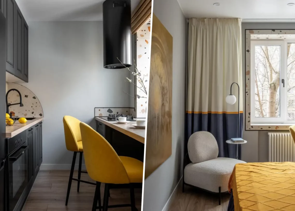 Karakteres színek, terrazzo és újragondolt kétszobás elosztás 43 m2-en