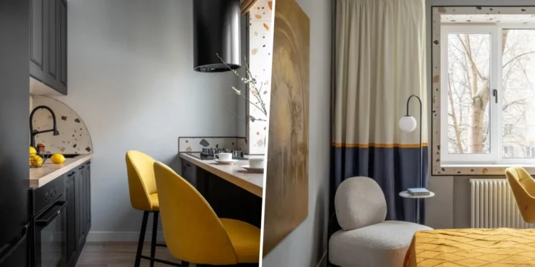 Karakteres színek, terrazzo és újragondolt kétszobás elosztás 43 m2-en