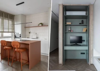 Dolgozósarok a szekrényben, konyhasziget, színes részletek 56 m2-en