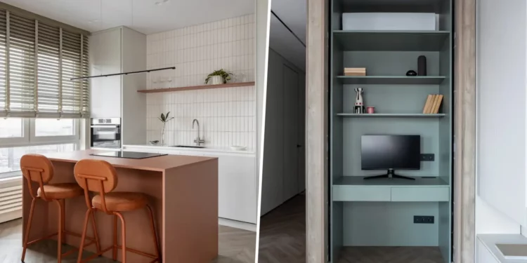 Dolgozósarok a szekrényben, konyhasziget, színes részletek 56 m2-en