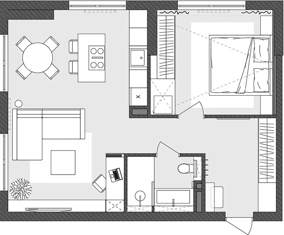 Dolgozósarok a szekrényben, konyhasziget, színes részletek 56 m2-en