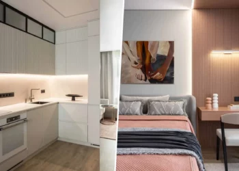 Modern megoldások, nőies színek, lágy minimalizmus 40 négyzetméteren