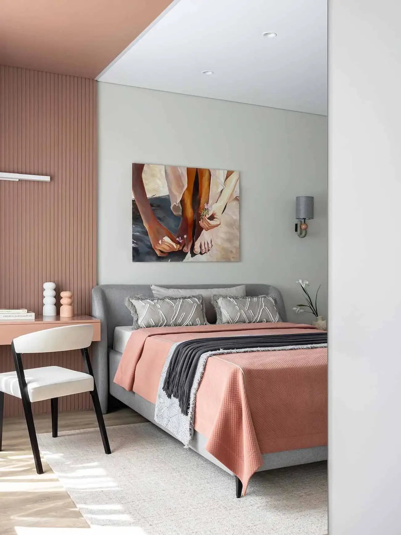Modern megoldások, nőies színek, lágy minimalizmus 40 négyzetméteren