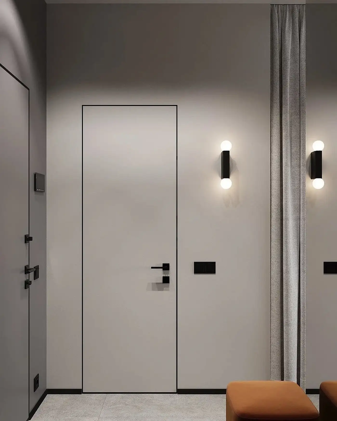 Üvegtéglával, függönnyel leválasztott háló, gardrób és teljes értékű konyha 26 m2-es lakásban
