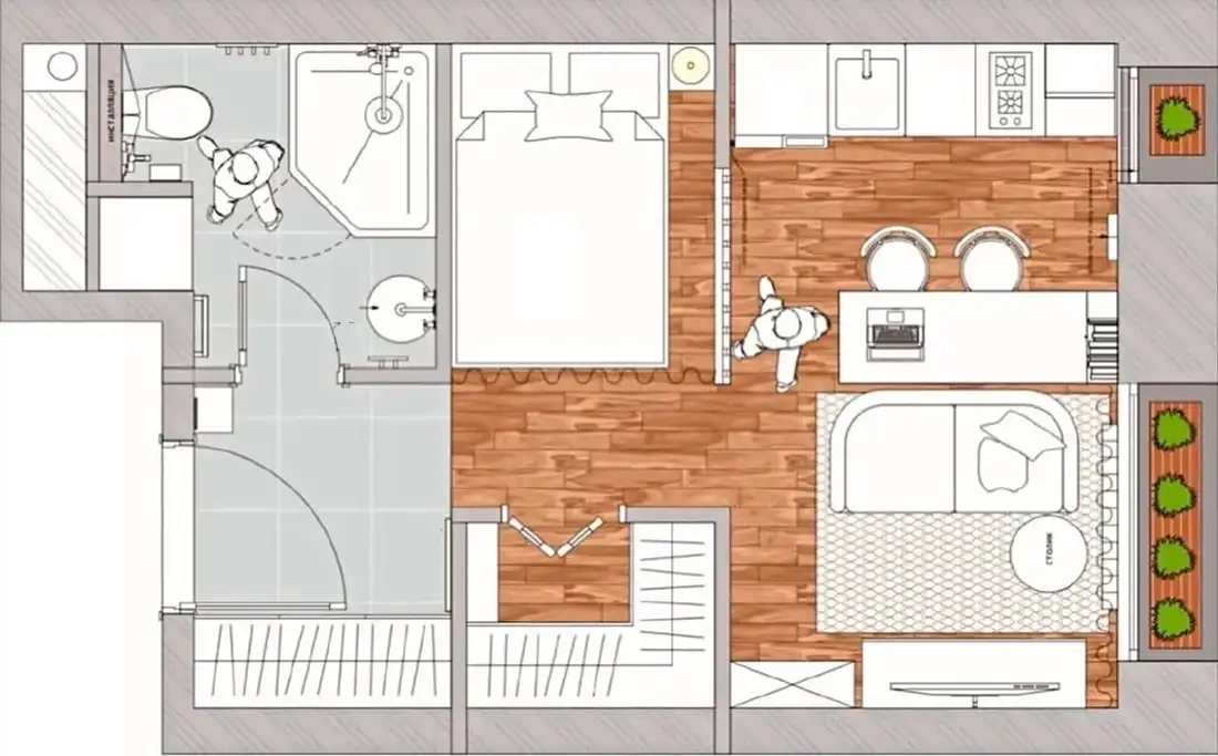 Üvegtéglával, függönnyel leválasztott háló, gardrób és teljes értékű konyha 26 m2-es lakásban