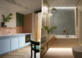 Halványkék felületek, neoklasszikus részletek és külön gardrób-mosókonyha 42 m2-en