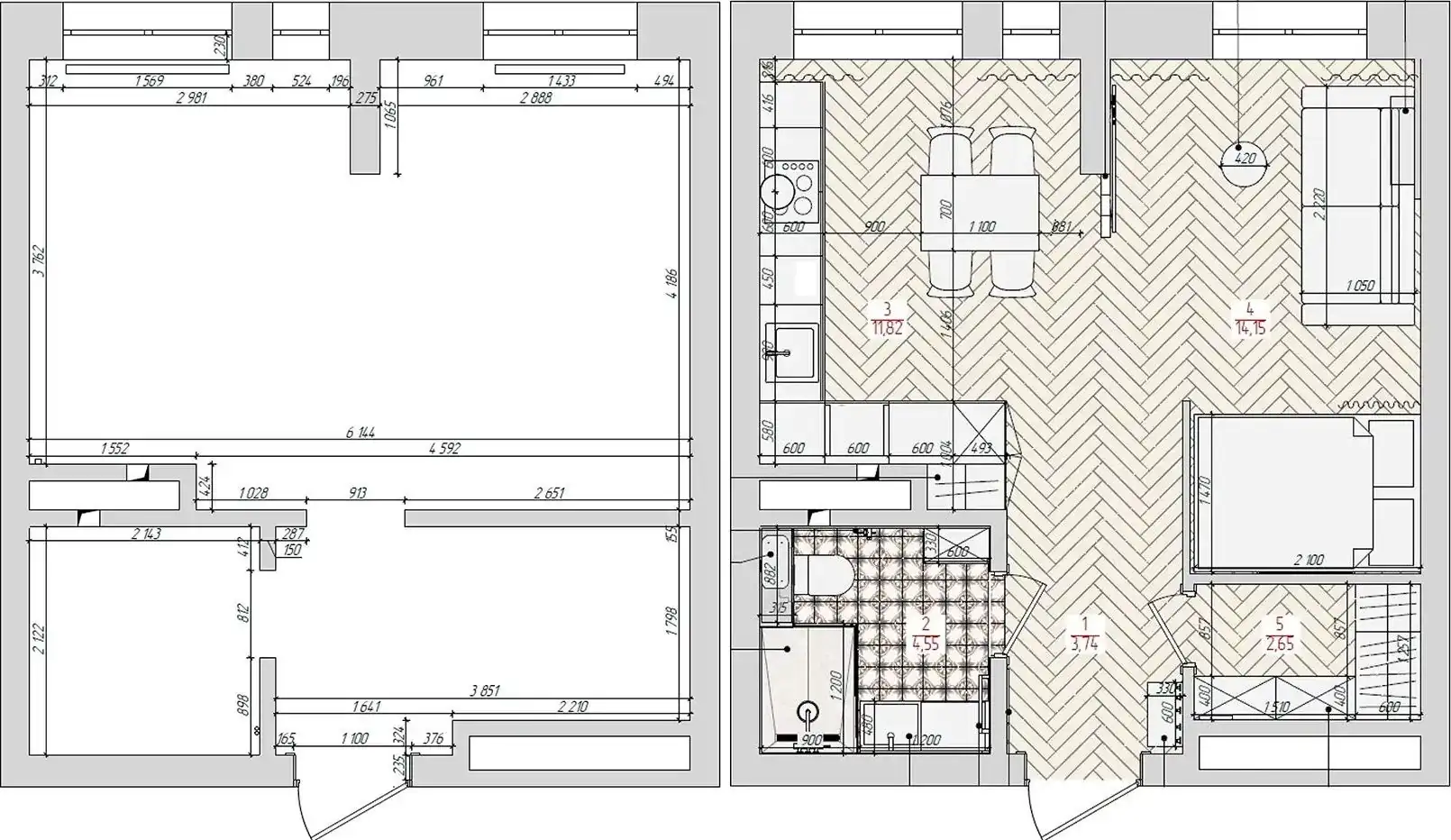 37 m²-es lakás gardróbszobával, üvegtéglával, függönnyel leválasztott hálófülkével és bézs–zöld színvilággal