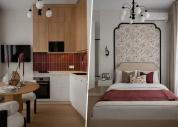 Bordó szín, természetes fa, fekete kontúrok és klasszikus részletek a 25 m2-es enteriőrben