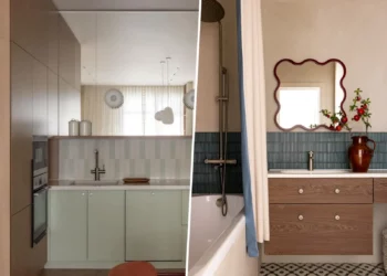 Konyhabútor nagy tükörrel, íves formák, épített gardrób a hálóban – 50 m2-es lakás