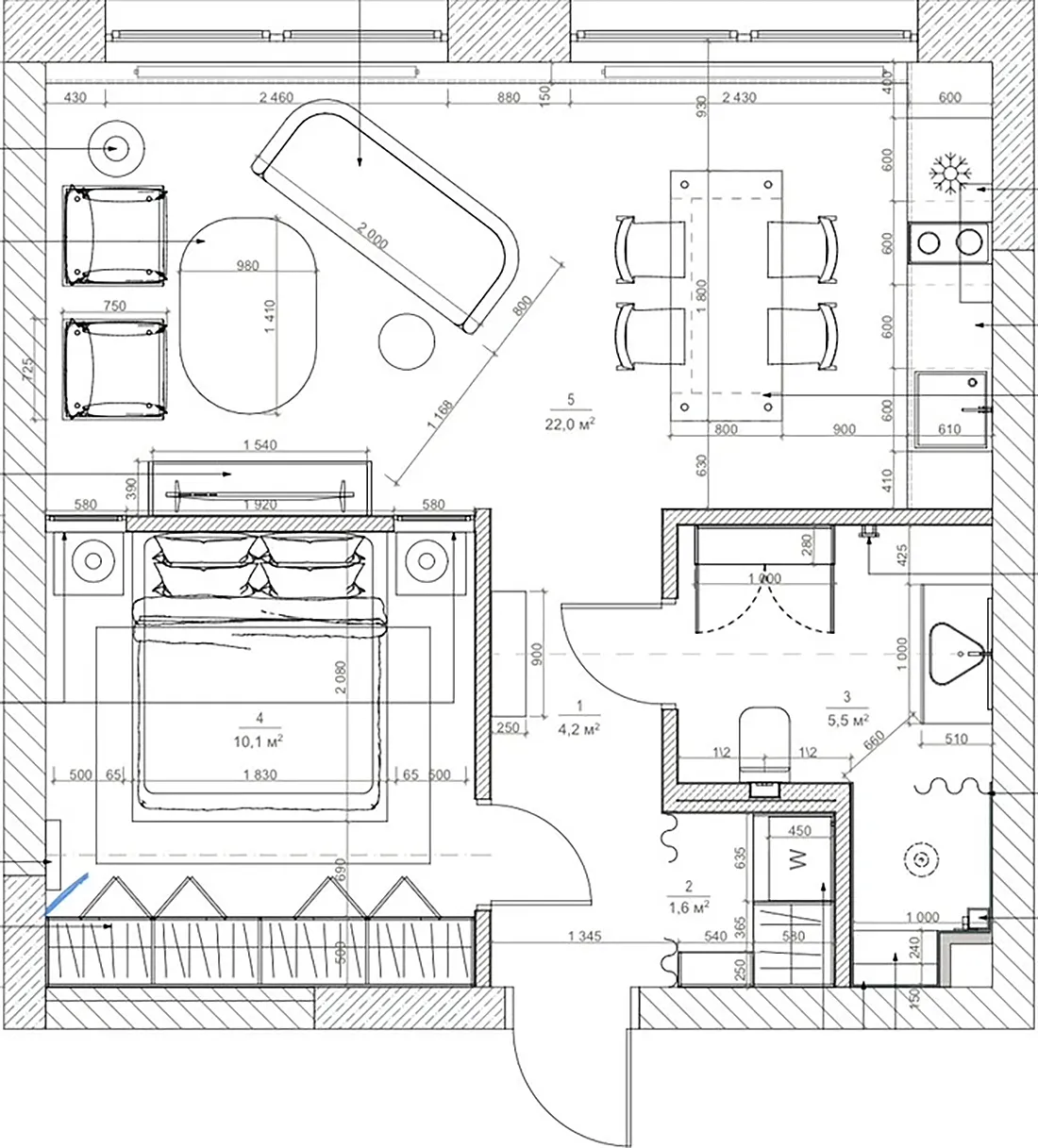 44 m2-es lakás a homok és a víz árnyalataival, mikrocement felületekkel