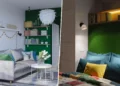 A 31 m²-es garzonlakásban mélyzöld falak, virágminták és több oldalról használható beépített tárolók alakítanak ki határozott, de bájosan otthonos karaktert.