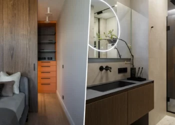 Körbejárható alaprajz, rejtett tolóajtók és semleges színek egy minimalista kislakásban