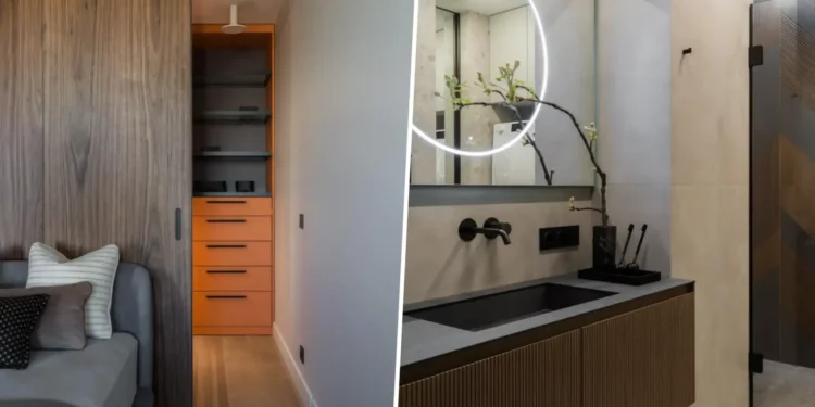 Körbejárható alaprajz, rejtett tolóajtók és semleges színek egy minimalista kislakásban