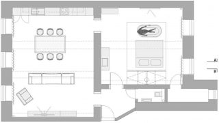 Alaprajz - Fiatal sportoló látványos 100m2-es lakása, melyet nem családi otthonnak, inkább az élet élvezetéhez alakítottak Alaprajz - Fiatal sportoló látványos 100m2-es lakása, melyet nem családi otthonnak, inkább az élet élvezetéhez alakítottak