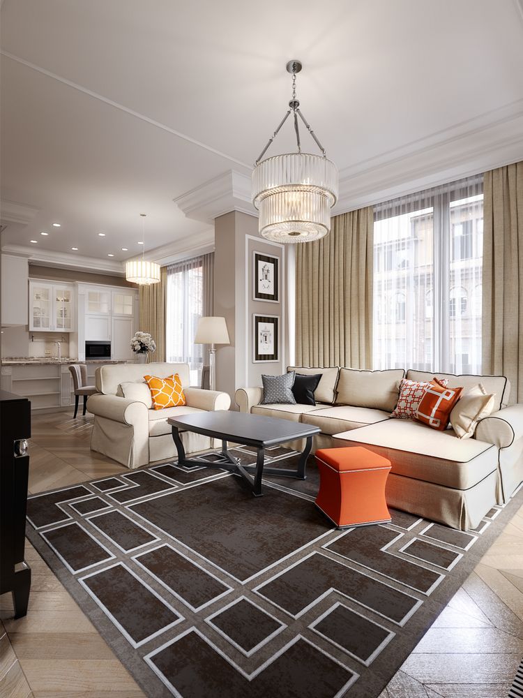 Kávé, bézs, egy csipetnyi narancs és kék - amerikai klasszikusok és art deco elemek egy házaspár lakásában