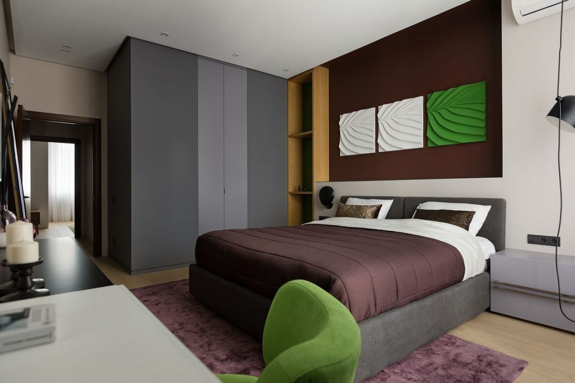 Holisztikus színválasztás és lakberendezés egy 103m2-es háromszobás lakásban - meleg barna, élénk zöld, szürke, sárga, kék árnyalatok