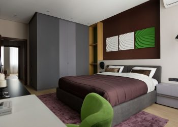 Holisztikus színválasztás és lakberendezés egy 103m2-es háromszobás lakásban - meleg barna, élénk zöld, szürke, sárga, kék árnyalatok