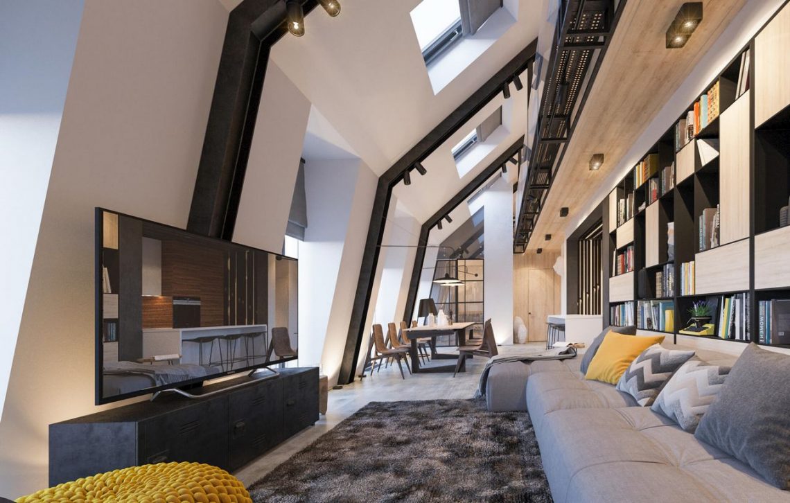 Modern tetőtéri lakás - belső két szint, 105m2, látványos megoldások - kandalló, modern világítás, fa felületek