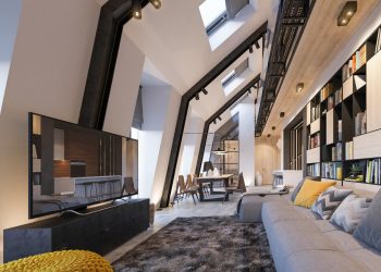 Modern tetőtéri lakás - belső két szint, 105m2, látványos megoldások - kandalló, modern világítás, fa felületek