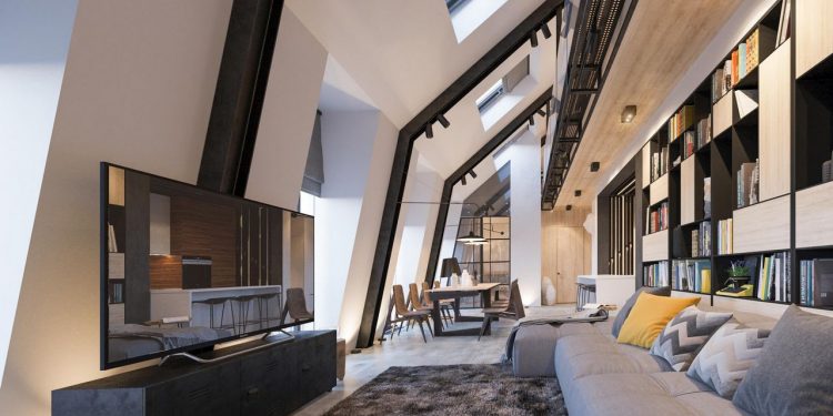 Modern tetőtéri lakás - belső két szint, 105m2, látványos megoldások - kandalló, modern világítás, fa felületek