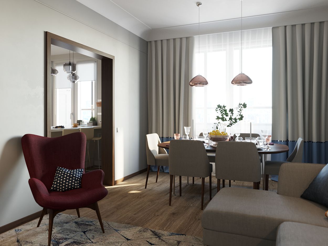 Szolid eleganciával, otthonosan berendezett lakás gyerek- és játszószobával, harmonikus, semleges színpalettával - kékek, szürkék és bézs