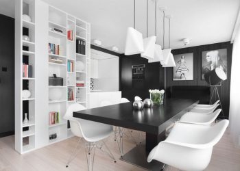 Konyha és étkező fekete-fehérben - elegáns közösségi tér monokróm színvilággal