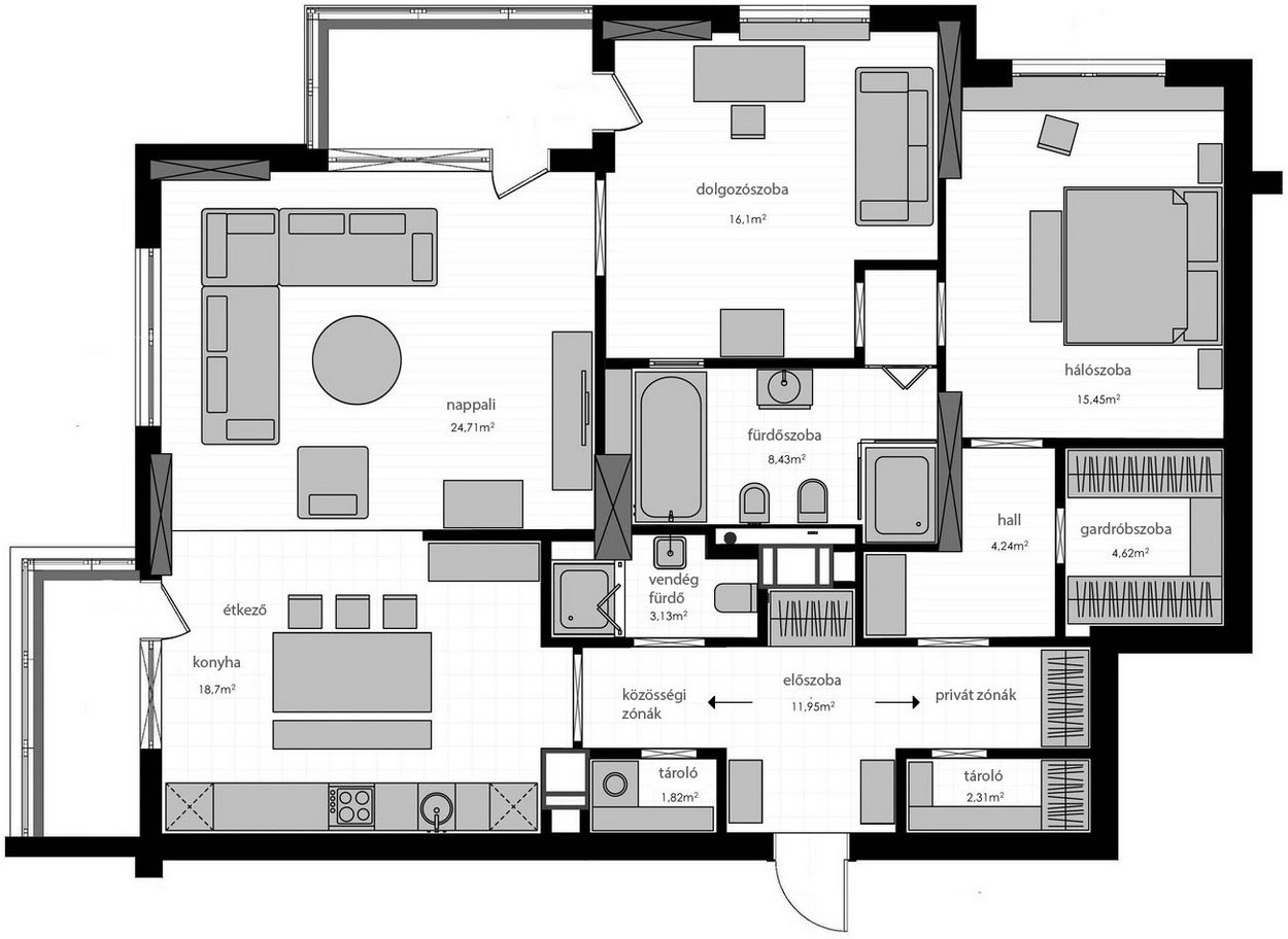 Alaprajz - Fa, bőr, zöld növények és textilek, kontraszt és szimpla berendezés - egy tágas, háromszobás lakás