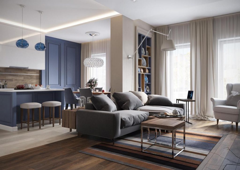Pasztell kék, földszínek, szürke és fa - kényelmes, modern lakberendezés egy négyszobás lakásban