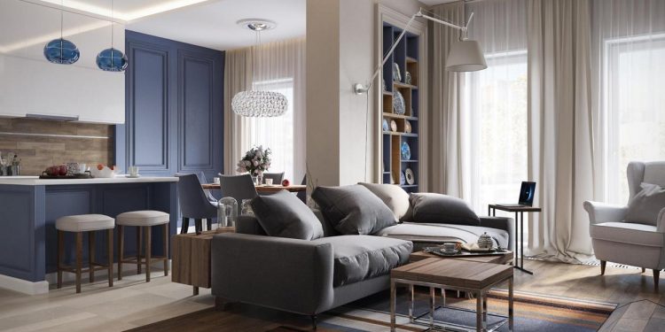 Pasztell kék, földszínek, szürke és fa - kényelmes, modern lakberendezés egy négyszobás lakásban
