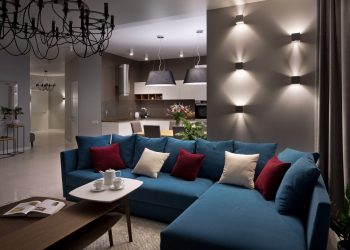 Négyszobás lakás kék, barna, szürke, bézs, lila színekkel - letisztult, funkcionális, modern terek