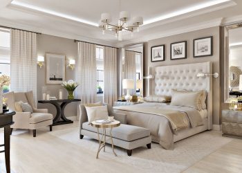 Amerikai klasszikus lakberendezés nagy lakásban - elegáns, időtlen dizájn, egységes, világos bézs-fehér alapszín, sötét fa és szürkék harmóniája