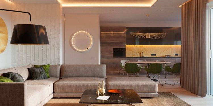 Két világos és egy melegebb színekkel berendezett és dekorált lakás képei alaprajzokkal - modern stílusban