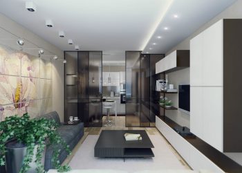 Konyha és nappali egy térben, eltolható üveg válaszfallal elkülöníthető a két zóna - 50m2-es lakás