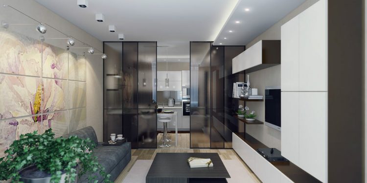 Konyha és nappali egy térben, eltolható üveg válaszfallal elkülöníthető a két zóna - 50m2-es lakás