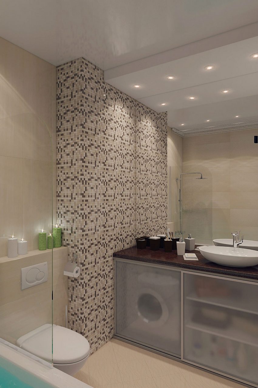 Konyha és nappali egy térben, eltolható üveg válaszfallal elkülöníthető a két zóna - 50m2-es lakás