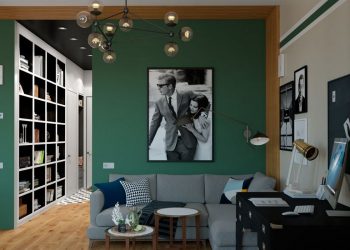 50m2 - szép zöld fal, könyvespolc az üvegfallal határolt hálószoba előtt - modern és természetes lakberendezés