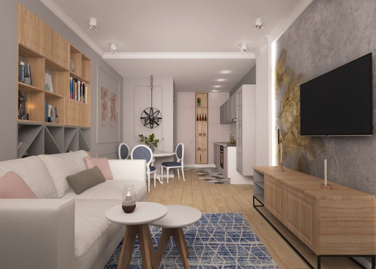 Rózsaszín, szürke és fa felületek harmóniája egy fiatal lánynak tervezett 51m2-es lakásban