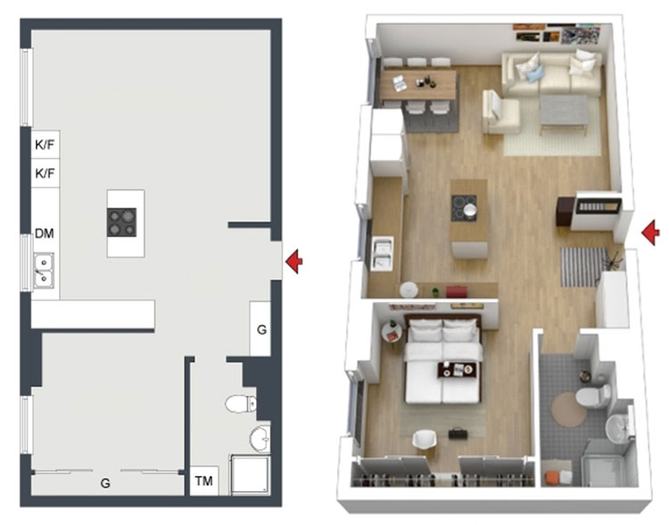 Alternatív elrendezés, itt a hálószoba egy fallal került leválasztásra: