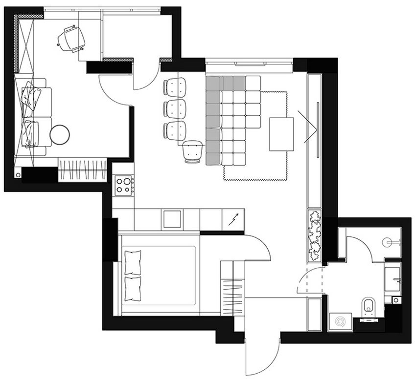 Alaprajz - Kaktusz az előszobában, szép fa padló és konyha - 55m2-es modern legénylakás letisztult, minimál lakberendezéssel