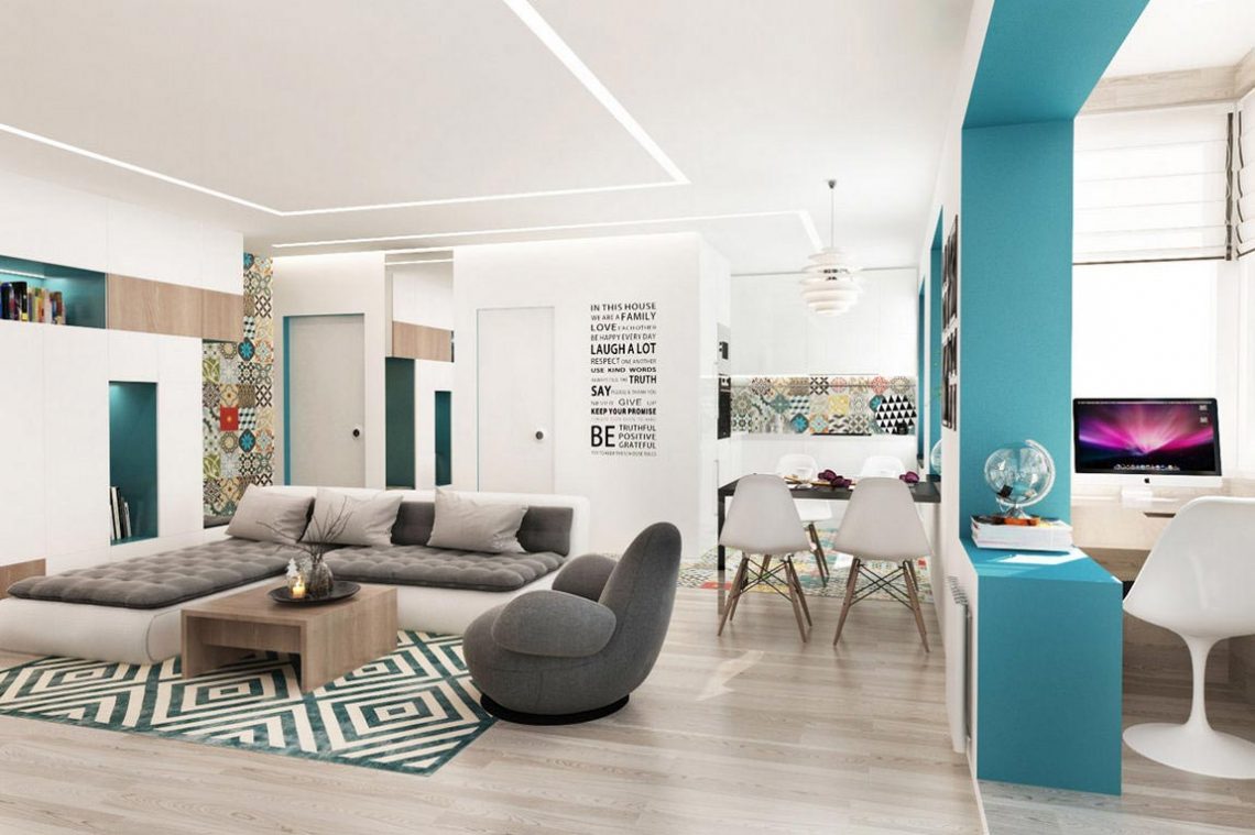 Könnyű, modern, nyitott és átalakítható belső tér egy fiatal kisgyerekes pár 55m2-es lakásában, mintákkal, türkiz színnel díszítve